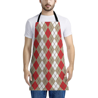 Red Beige And White Argyle Pattern Print Apron