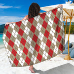 Red Beige And White Argyle Pattern Print Beach Sarong Wrap
