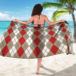 Red Beige And White Argyle Pattern Print Beach Sarong Wrap