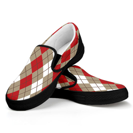 Red Beige And White Argyle Pattern Print Black Slip On Shoes