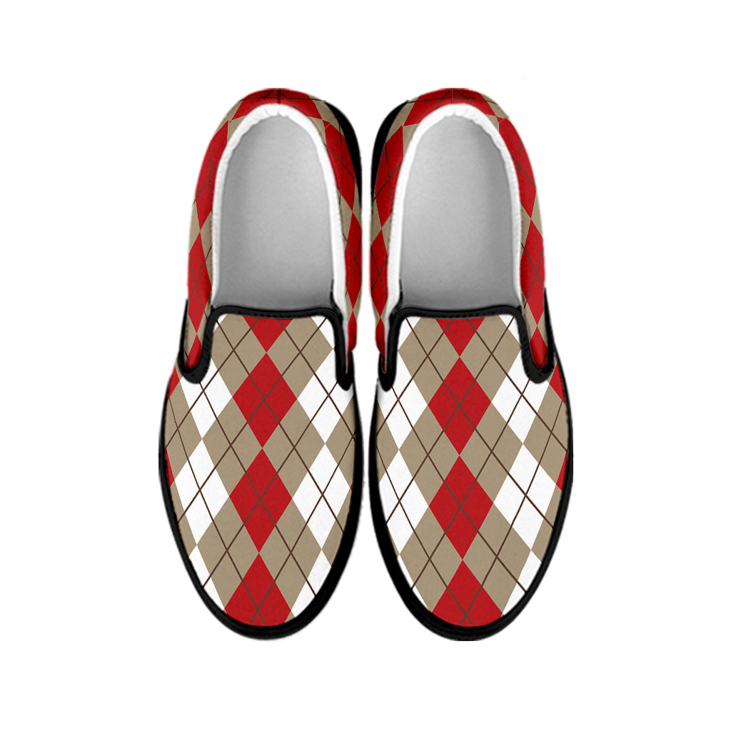 Red Beige And White Argyle Pattern Print Black Slip On Shoes