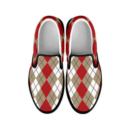 Red Beige And White Argyle Pattern Print Black Slip On Shoes