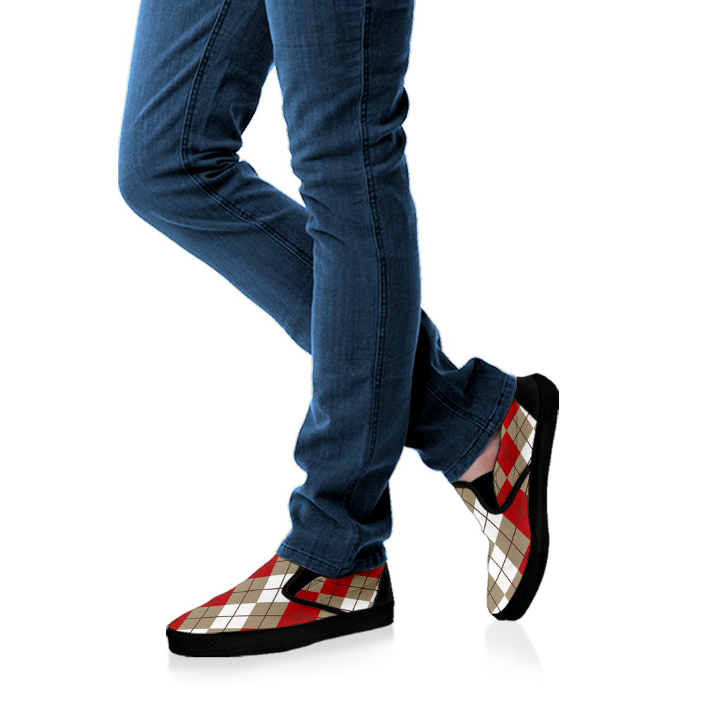 Red Beige And White Argyle Pattern Print Black Slip On Shoes