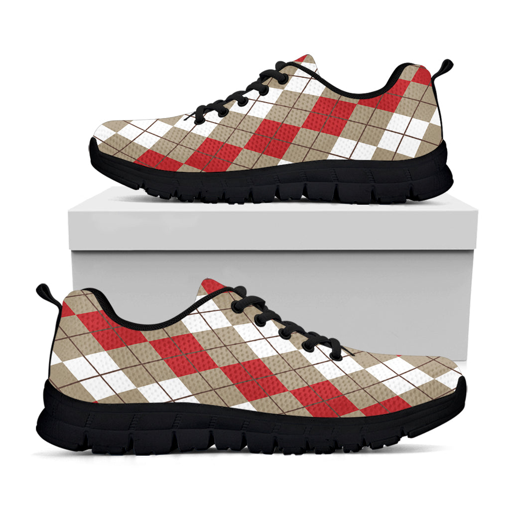 Red Beige And White Argyle Pattern Print Black Sneakers
