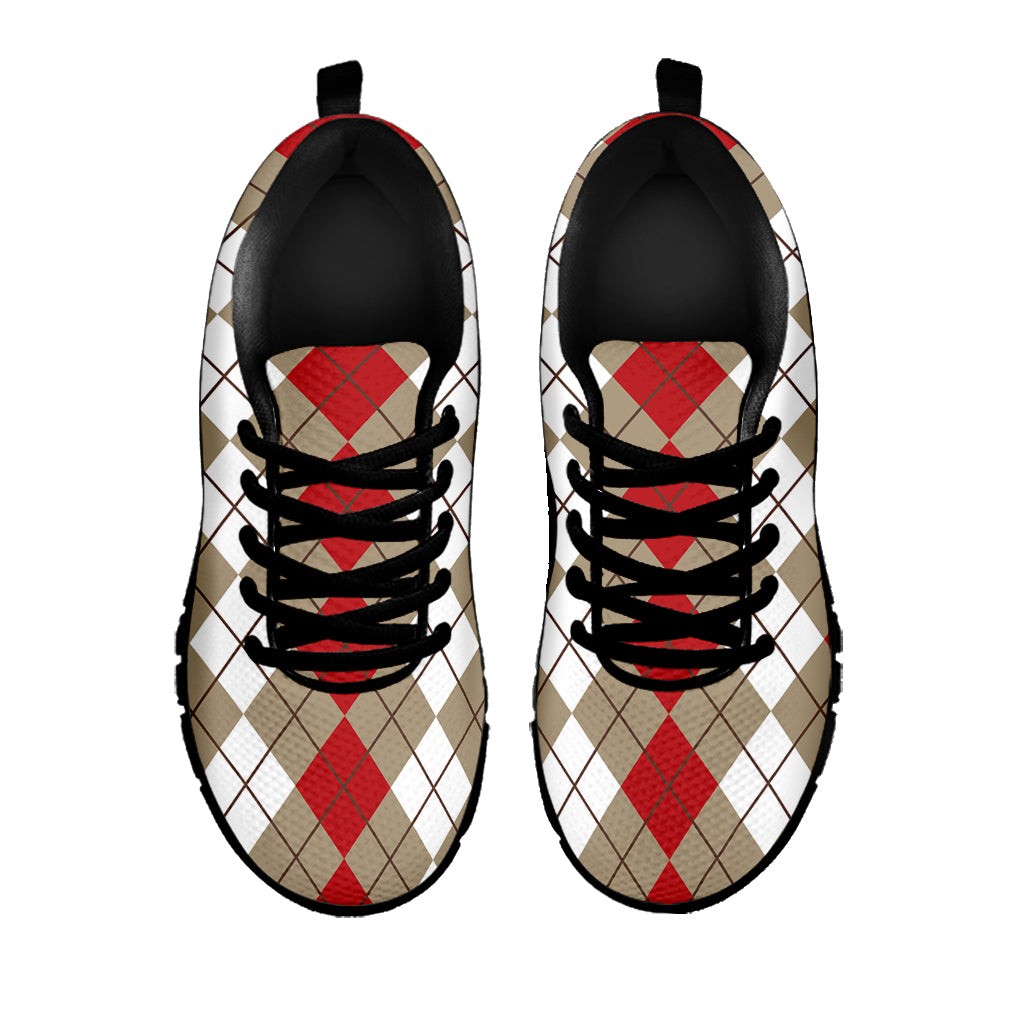 Red Beige And White Argyle Pattern Print Black Sneakers