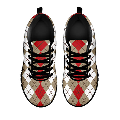 Red Beige And White Argyle Pattern Print Black Sneakers