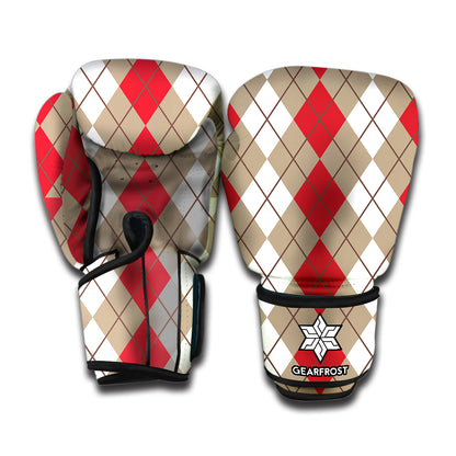Red Beige And White Argyle Pattern Print Boxing Gloves
