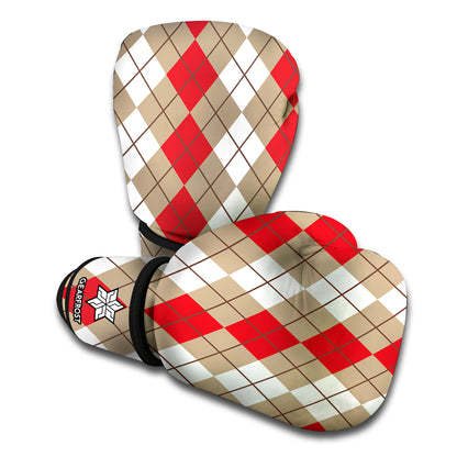 Red Beige And White Argyle Pattern Print Boxing Gloves
