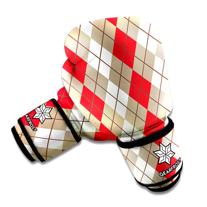 Red Beige And White Argyle Pattern Print Boxing Gloves