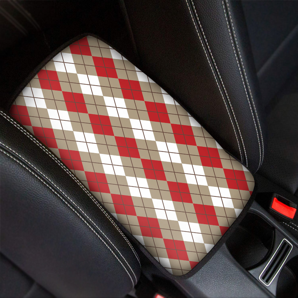 Red Beige And White Argyle Pattern Print Car Center Console Cover