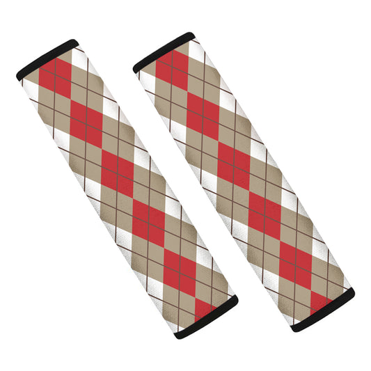 Red Beige And White Argyle Pattern Print Car Seat Belt Covers
