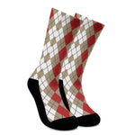 Red Beige And White Argyle Pattern Print Crew Socks