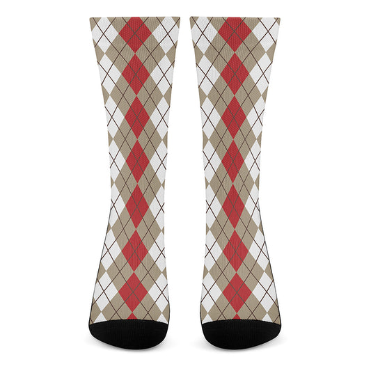 Red Beige And White Argyle Pattern Print Crew Socks