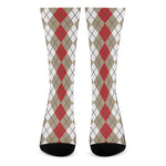 Red Beige And White Argyle Pattern Print Crew Socks