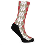 Red Beige And White Argyle Pattern Print Crew Socks