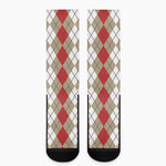Red Beige And White Argyle Pattern Print Crew Socks