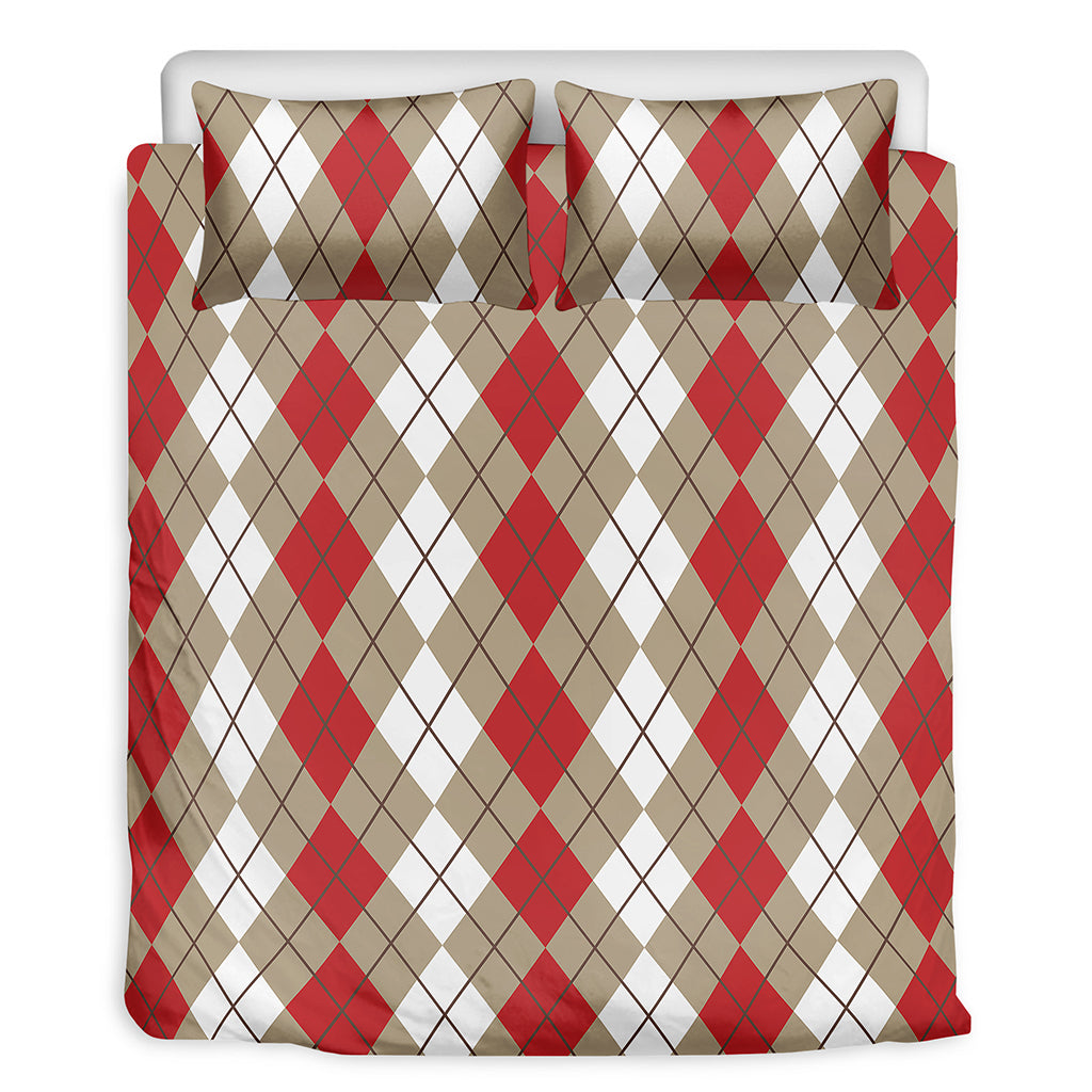 Red Beige And White Argyle Pattern Print Duvet Cover Bedding Set