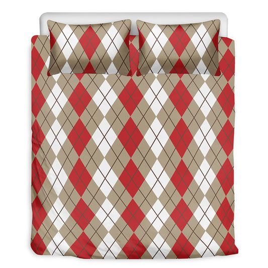 Red Beige And White Argyle Pattern Print Duvet Cover Bedding Set