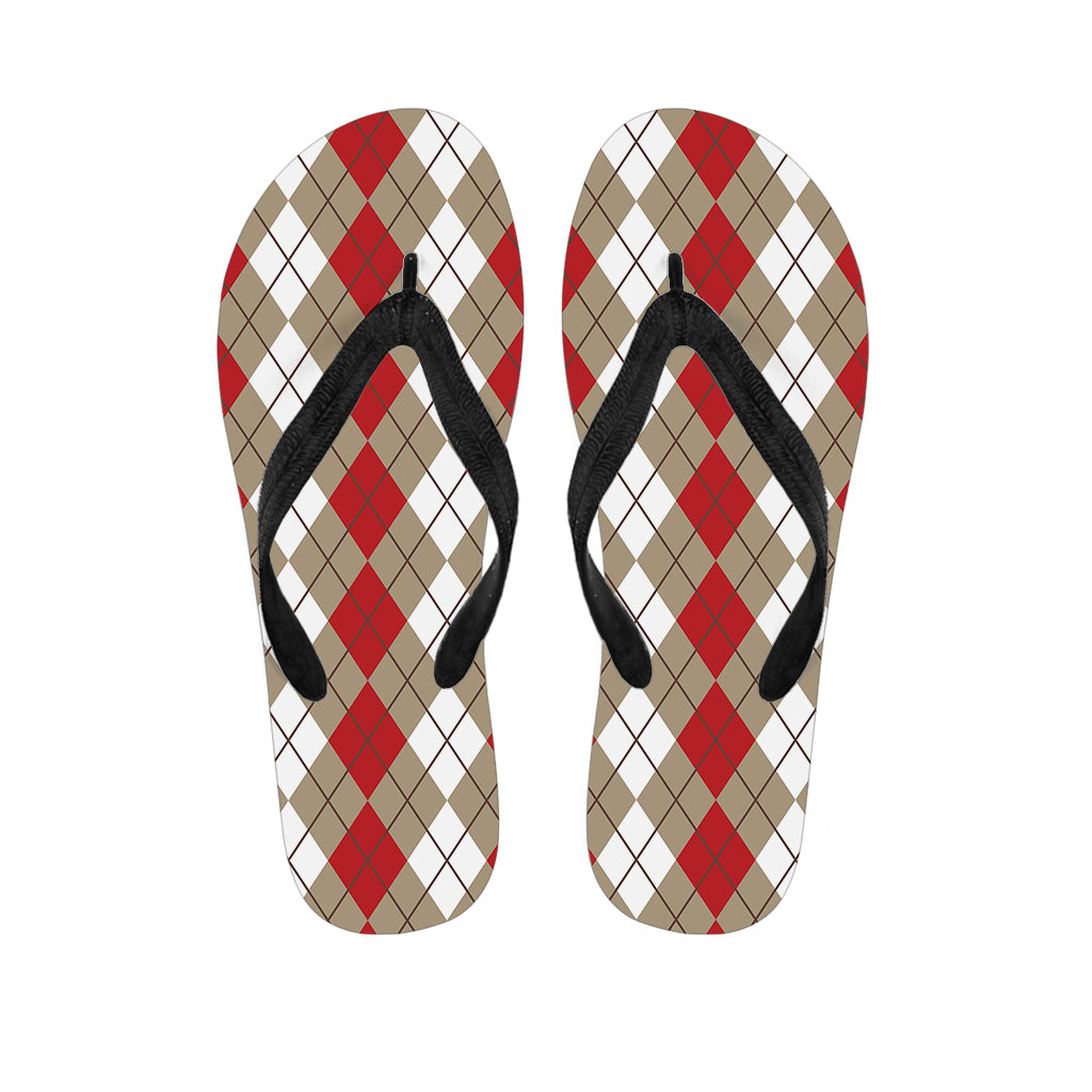 Red Beige And White Argyle Pattern Print Flip Flops