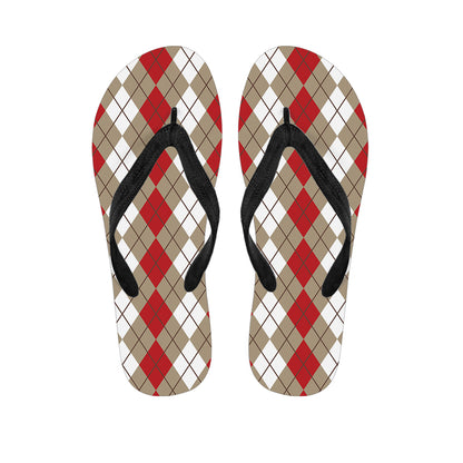 Red Beige And White Argyle Pattern Print Flip Flops