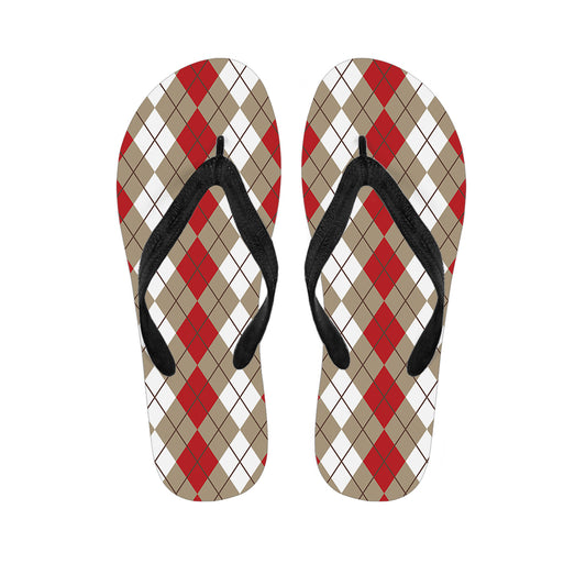 Red Beige And White Argyle Pattern Print Flip Flops