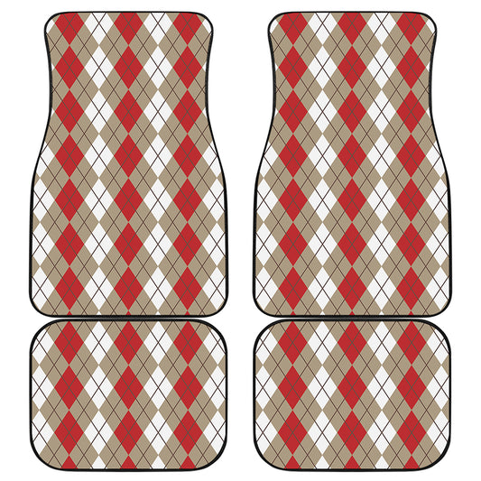 Red Beige And White Argyle Pattern Print Front and Back Car Floor Mats
