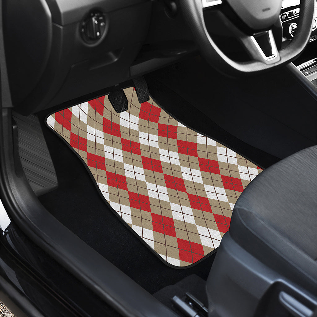 Red Beige And White Argyle Pattern Print Front and Back Car Floor Mats