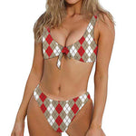 Red Beige And White Argyle Pattern Print Front Bow Tie Bikini