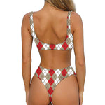 Red Beige And White Argyle Pattern Print Front Bow Tie Bikini