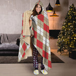 Red Beige And White Argyle Pattern Print Hooded Blanket