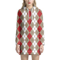Red Beige And White Argyle Pattern Print Pullover Hoodie Dress
