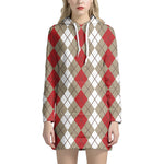 Red Beige And White Argyle Pattern Print Hoodie Dress