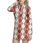 Red Beige And White Argyle Pattern Print Hoodie Dress