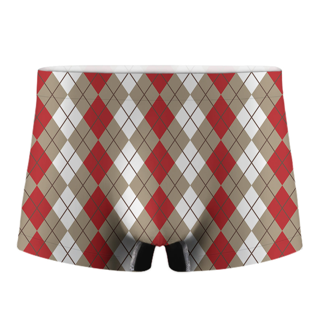 Red Beige And White Argyle Pattern Print Men's Boxer Briefs