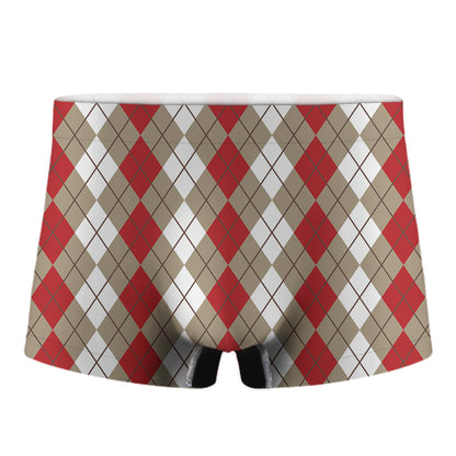 Red Beige And White Argyle Pattern Print Men's Boxer Briefs