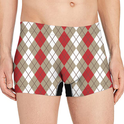 Red Beige And White Argyle Pattern Print Men's Boxer Briefs