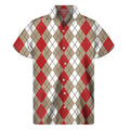Red Beige And White Argyle Pattern Print Men's Short Sleeve Shirt