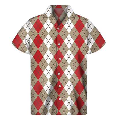 Red Beige And White Argyle Pattern Print Men's Short Sleeve Shirt
