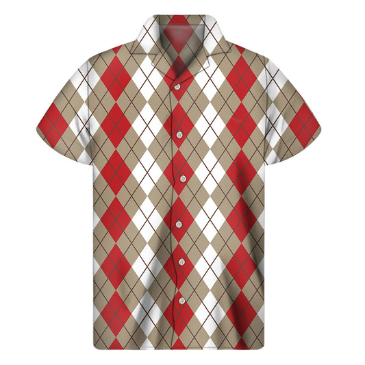 Red Beige And White Argyle Pattern Print Men's Short Sleeve Shirt