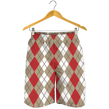 Red Beige And White Argyle Pattern Print Men's Shorts