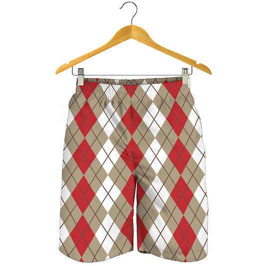 Red Beige And White Argyle Pattern Print Men's Shorts