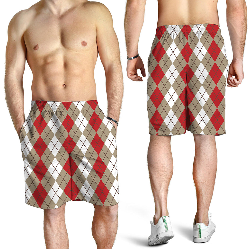 Red Beige And White Argyle Pattern Print Men's Shorts