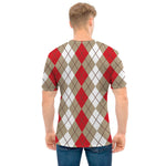 Red Beige And White Argyle Pattern Print Men's T-Shirt