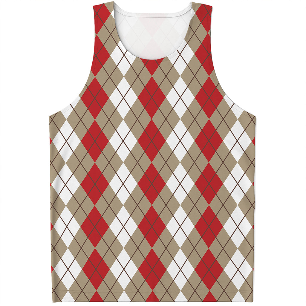 Red Beige And White Argyle Pattern Print Men's Tank Top