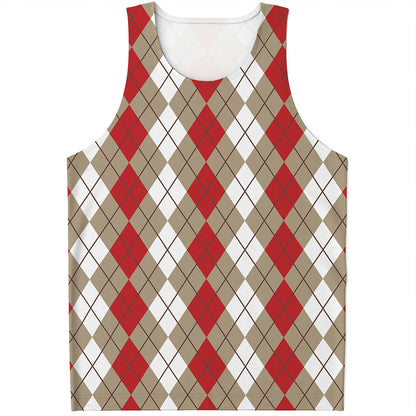 Red Beige And White Argyle Pattern Print Men's Tank Top