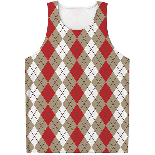 Red Beige And White Argyle Pattern Print Men's Tank Top