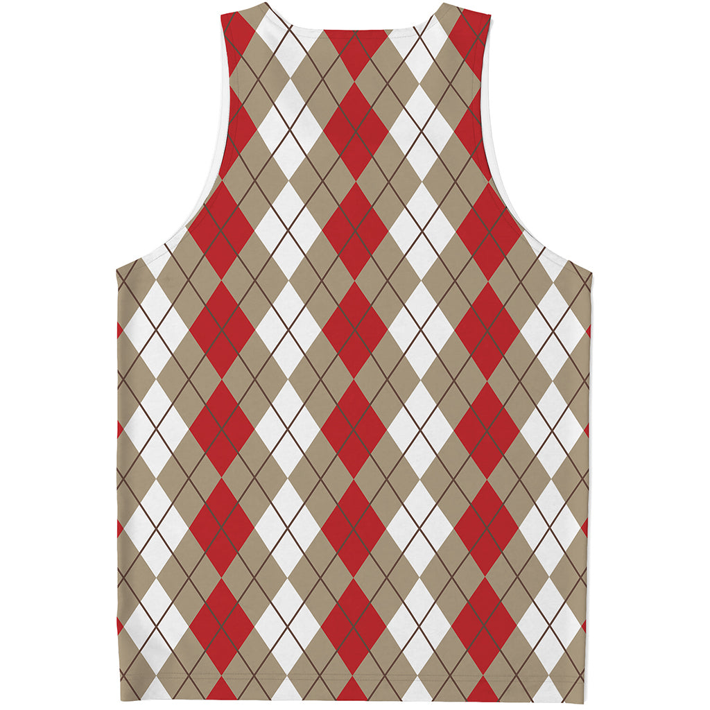 Red Beige And White Argyle Pattern Print Men's Tank Top