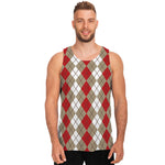 Red Beige And White Argyle Pattern Print Men's Tank Top