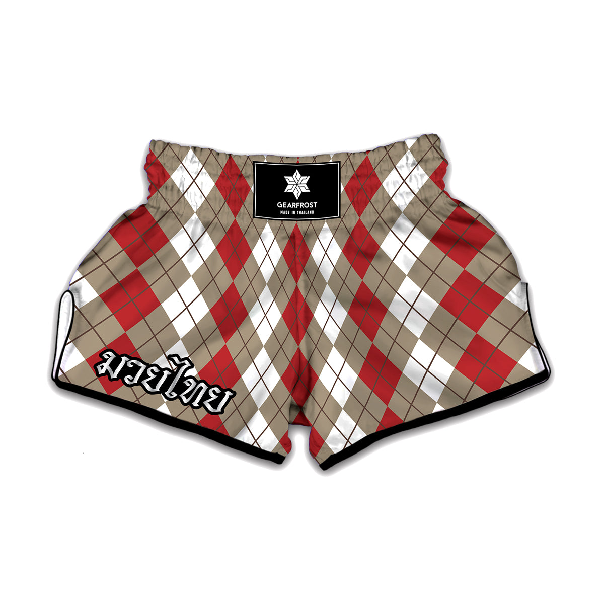 Red Beige And White Argyle Pattern Print Muay Thai Boxing Shorts