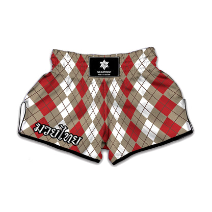 Red Beige And White Argyle Pattern Print Muay Thai Boxing Shorts
